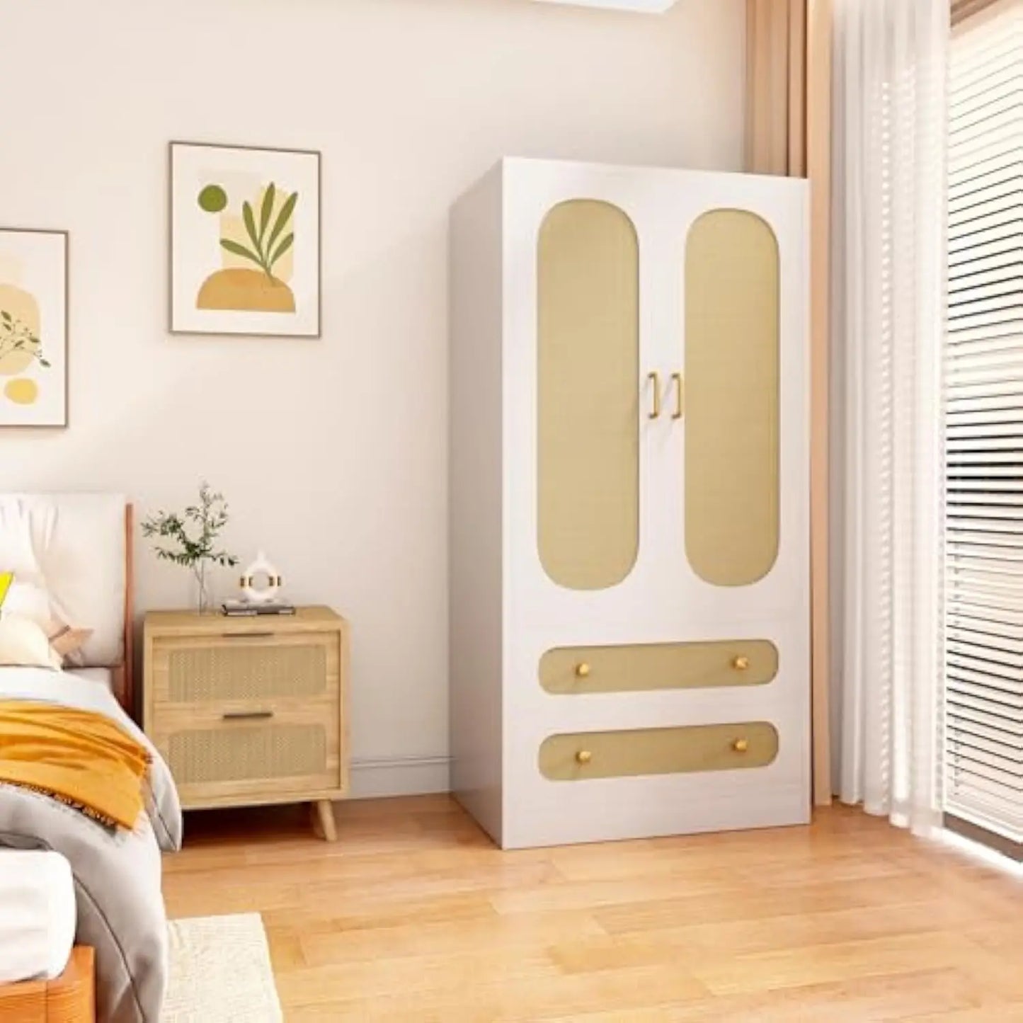 Rattan Wardrobe Cabinet with 4 Storage Drawers