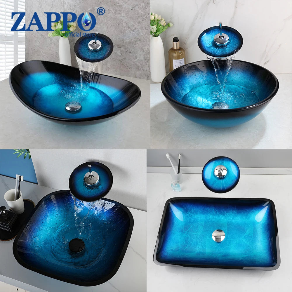 Tempered Vessel Sink with Waterfall Black Faucet