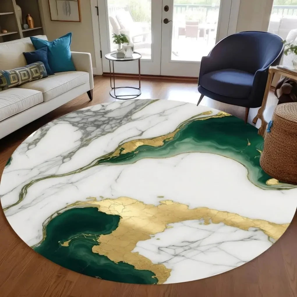 Modern Abstract Black Gold Marble Round Area Rug