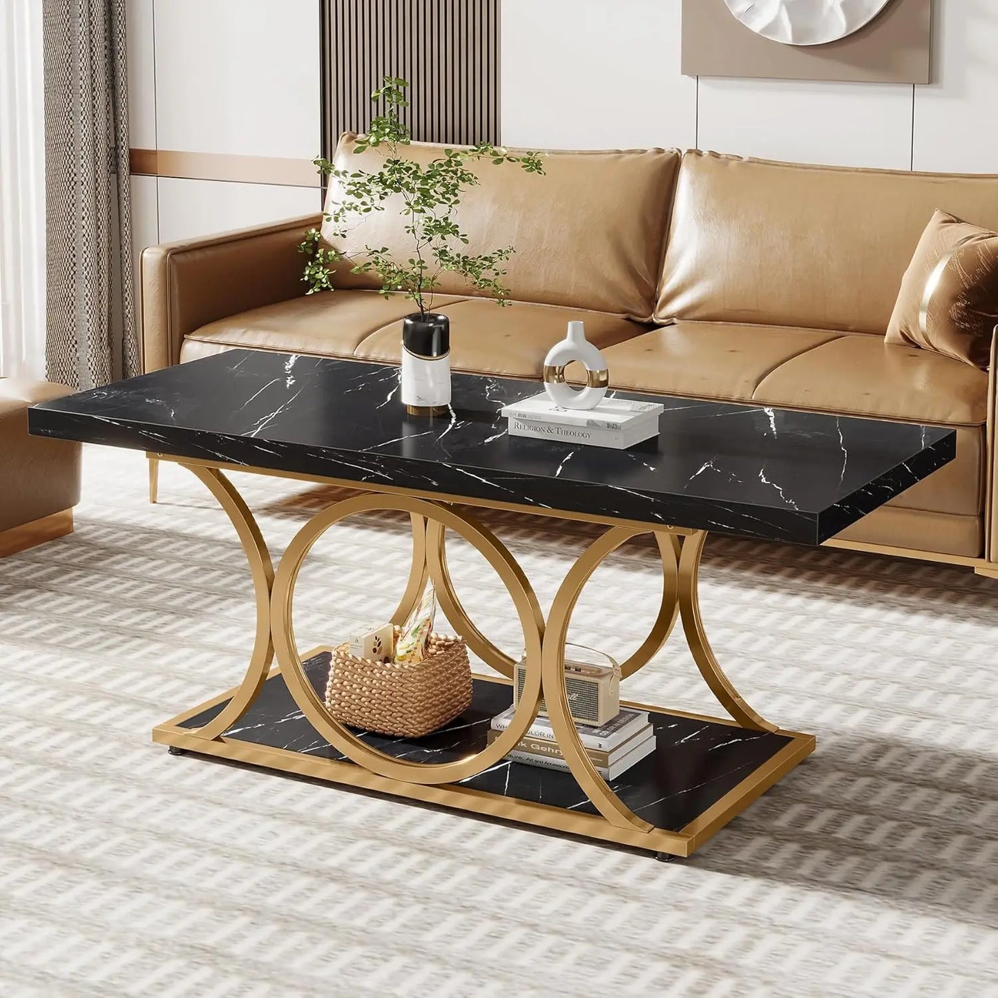 Marble Wood Coffee Table with Geometric Legs
