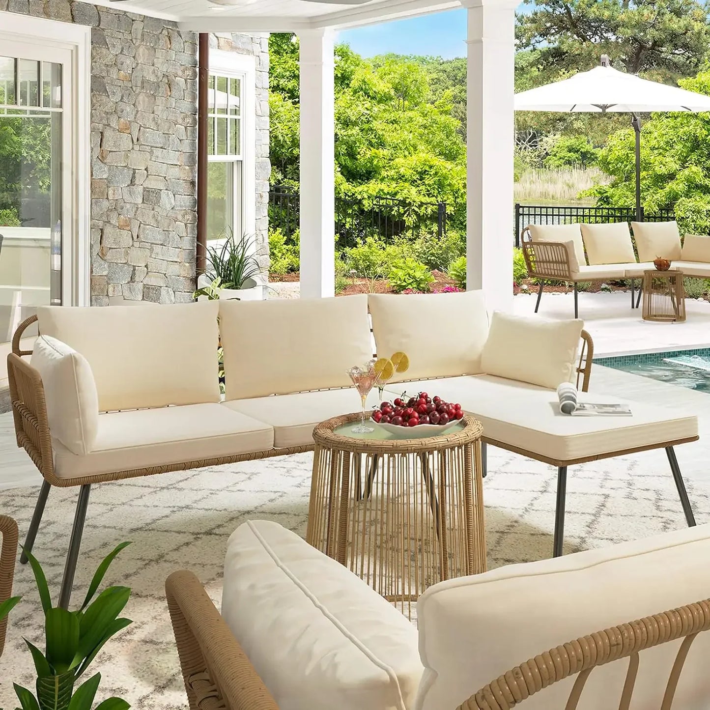 3 Piece Outdoor Wicker Conversation Sectional L-Shaped Sofa