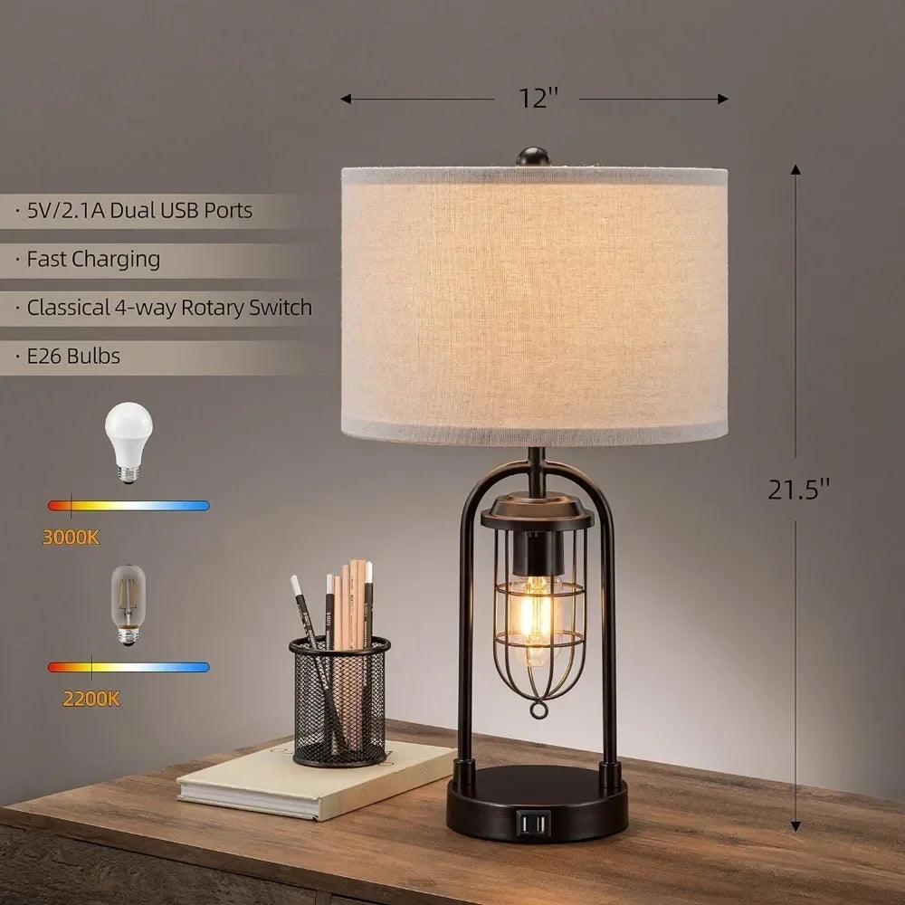 Set of 2 Farmhouse Table Lamps With USB Ports and Night Light