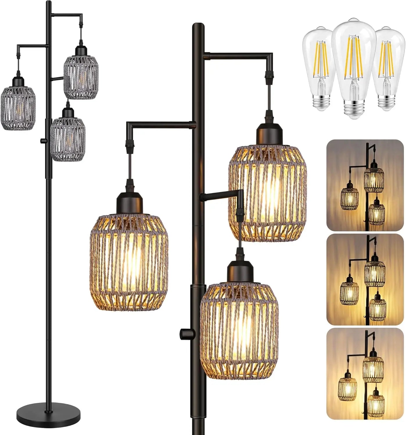 3 Light Farmhouse Rattan Floor Lamp