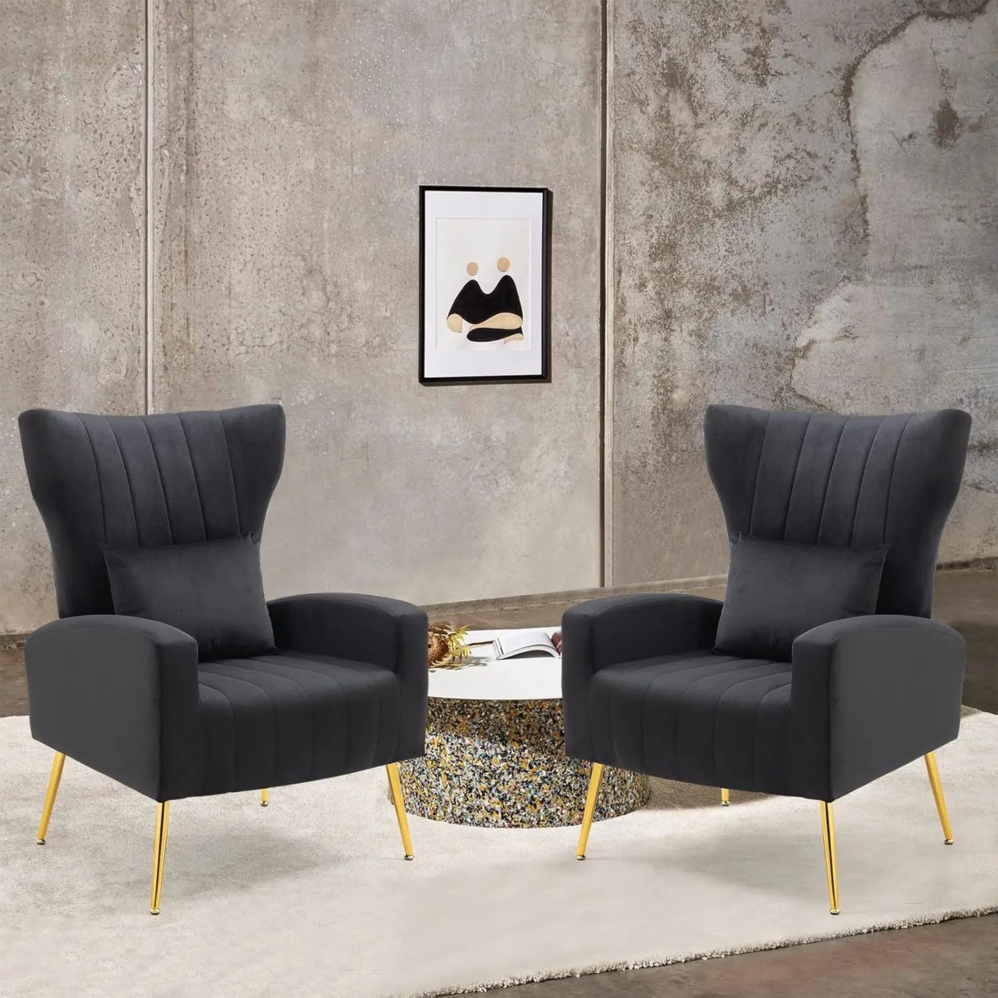 Set of 2 Modern Velvet Accent Chairs with Lumbar Pillow