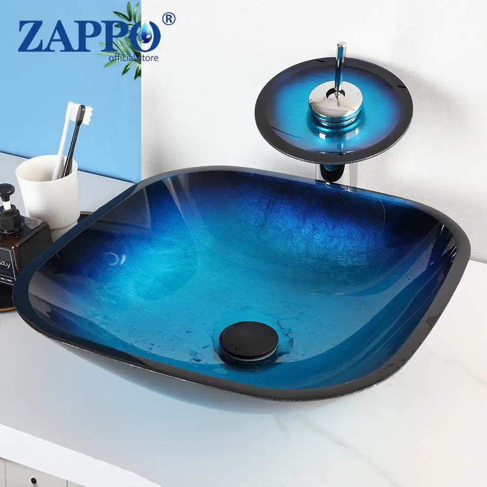 Tempered Vessel Sink with Waterfall Black Faucet