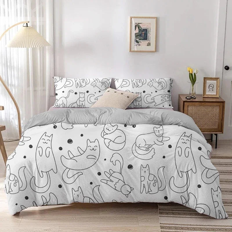 Cartoon Cat Duvet Cover Set With Pillowcase