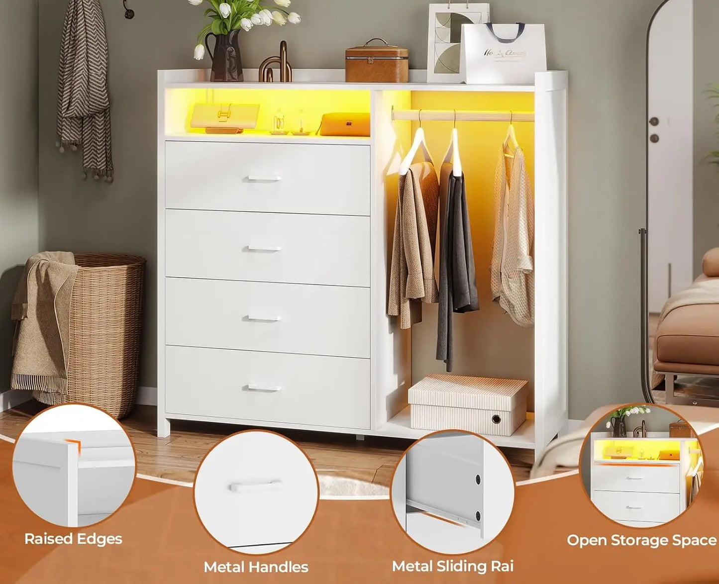 White Dresser for Bedroom with Clothing Rack