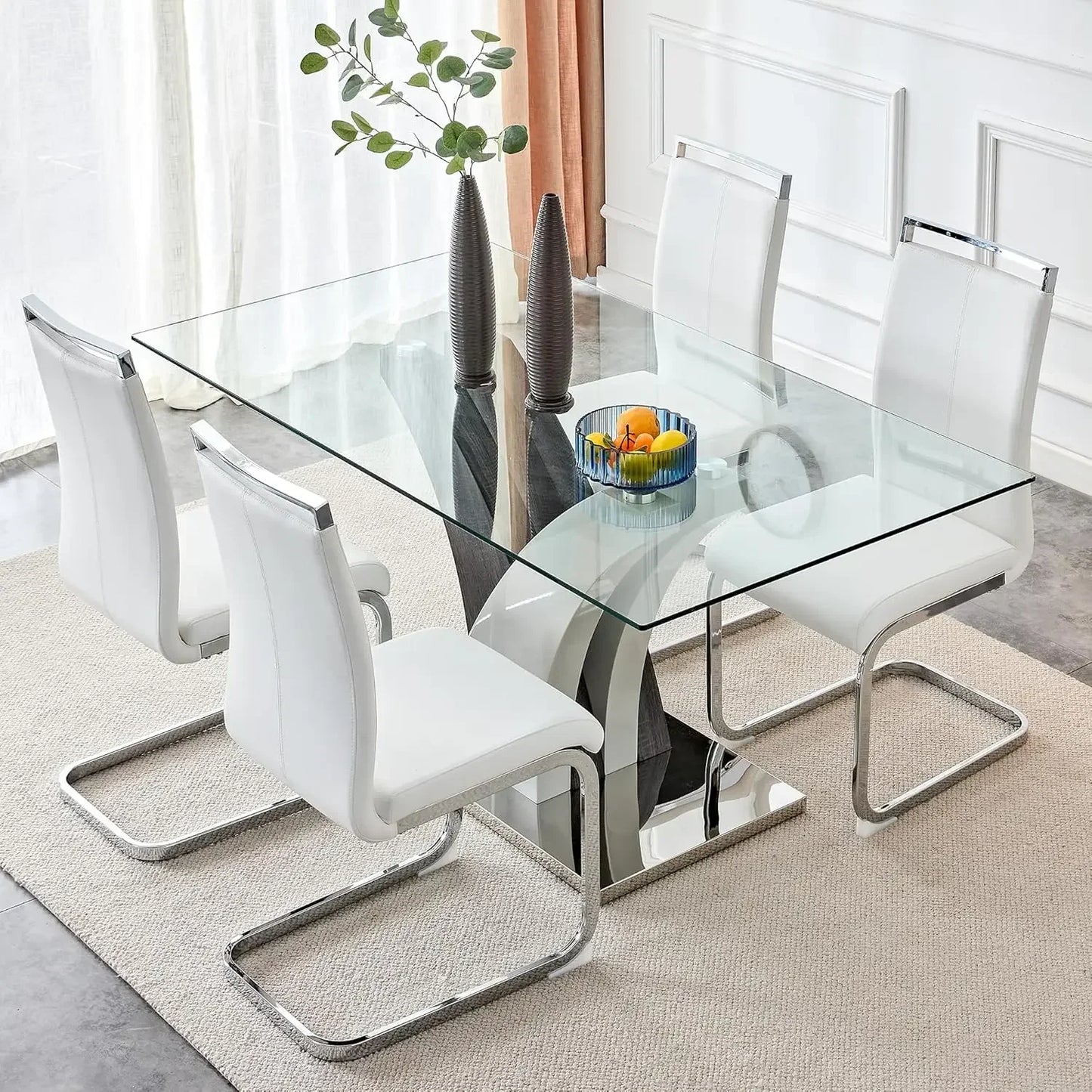 Glass dining table with 4 leather chairs
