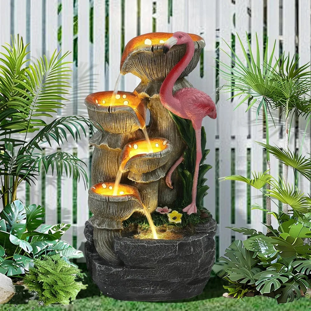 Cascading Garden Fountain with Flamingo