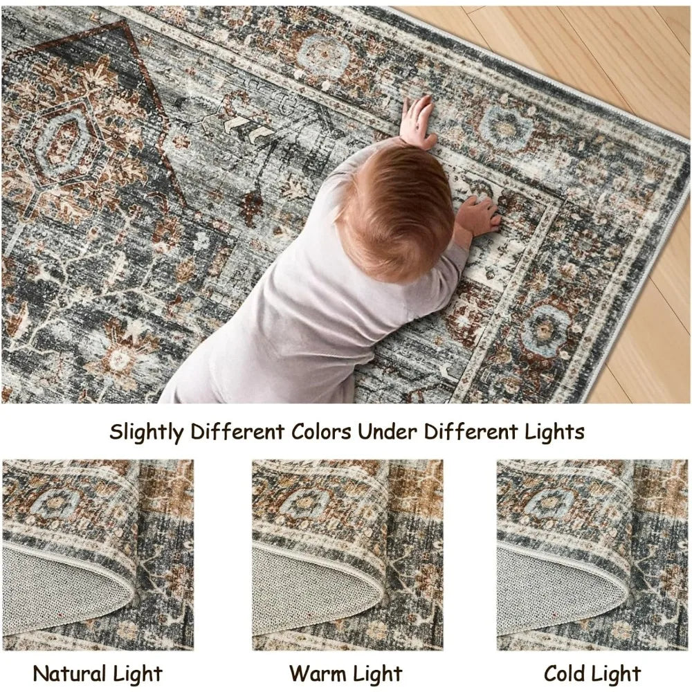 Vintage Washable Rug for Dining Room, Bedroom (Grey/Brown/Tan)