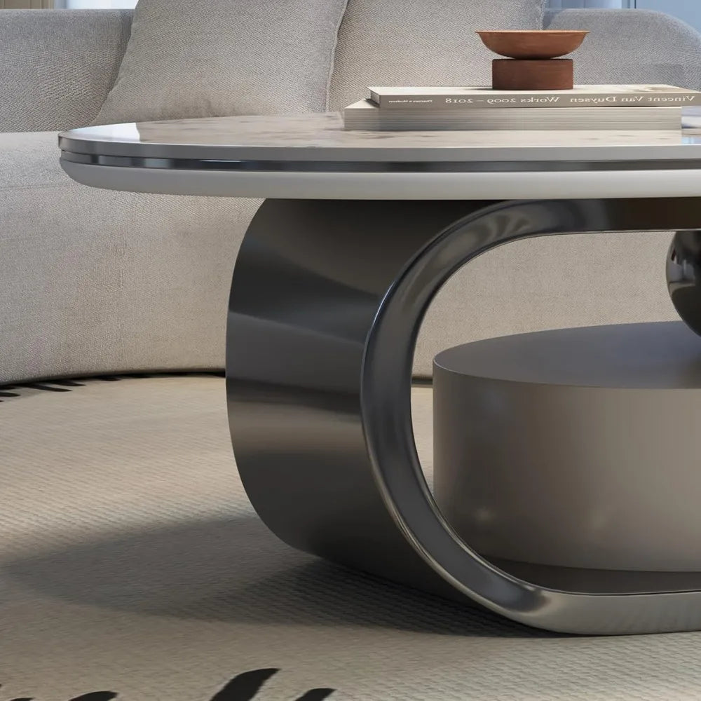 Modern Oval Coffee Table with Abstract Metal Base