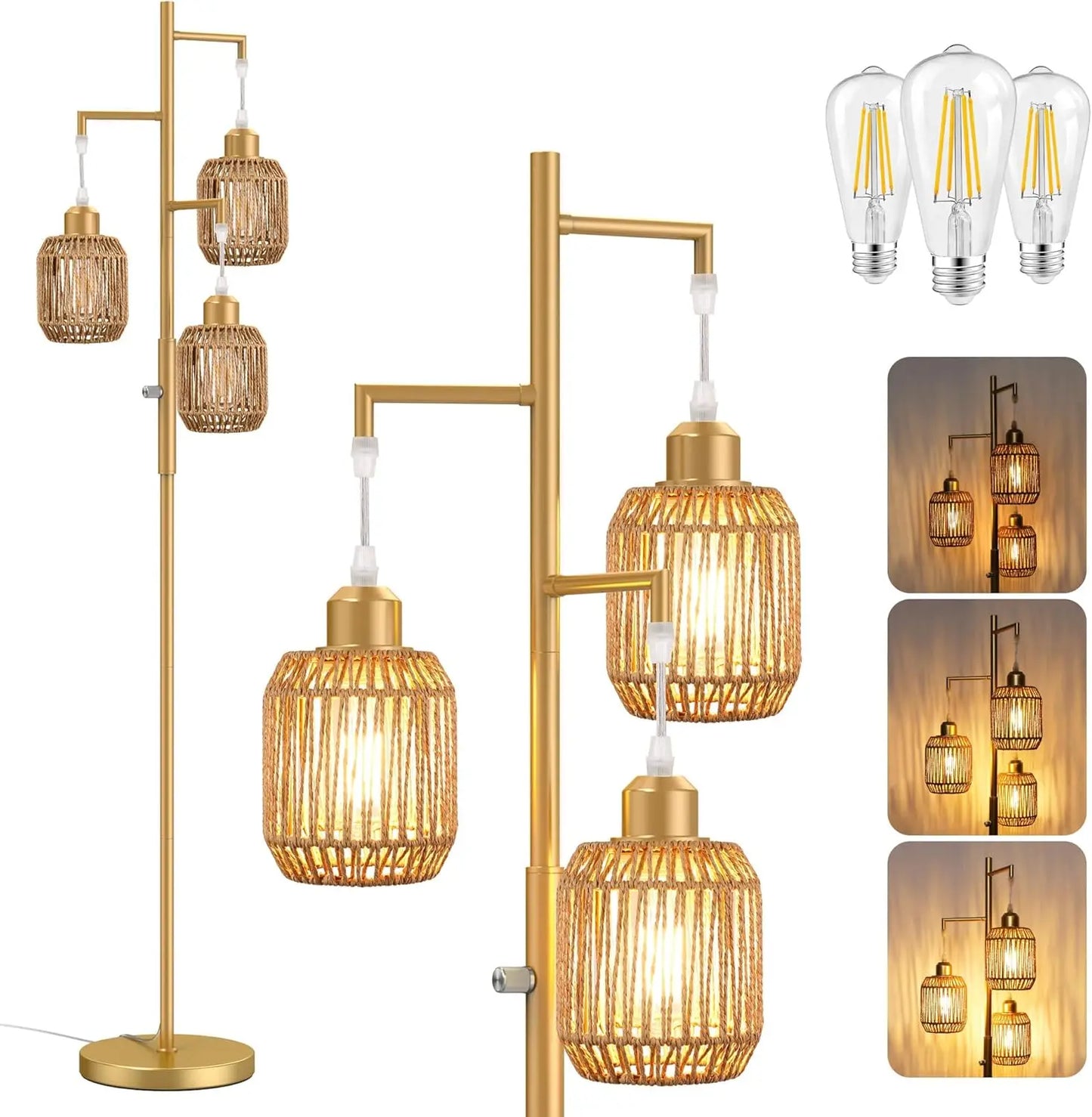 3 Light Farmhouse Rattan Floor Lamp