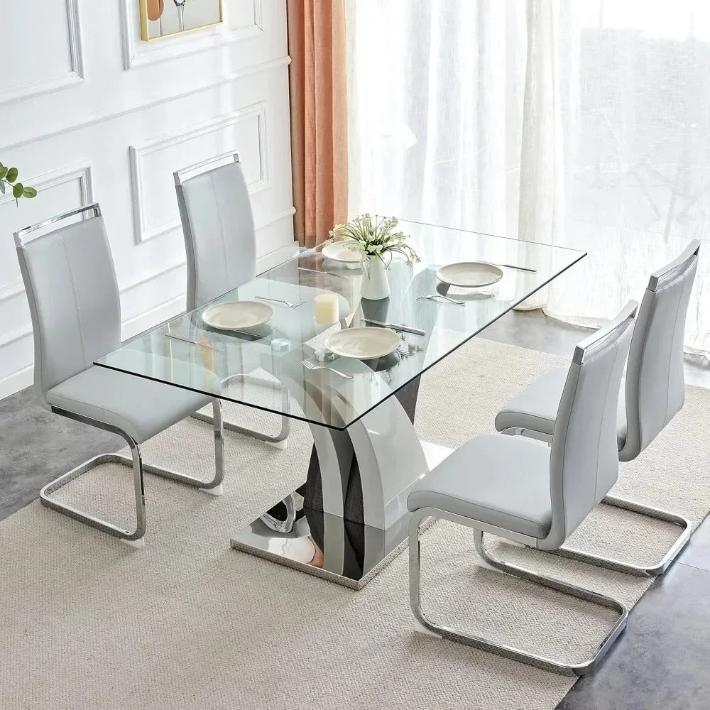 Glass dining table with 4 leather chairs