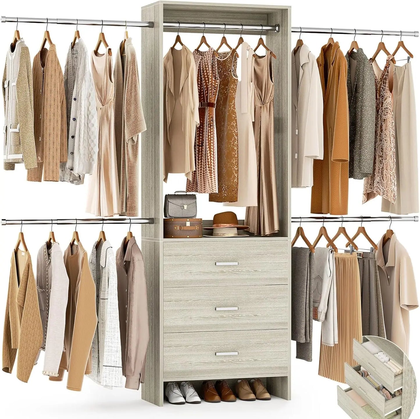 Walk-In Closet Organizer with 3 Wooden Drawers