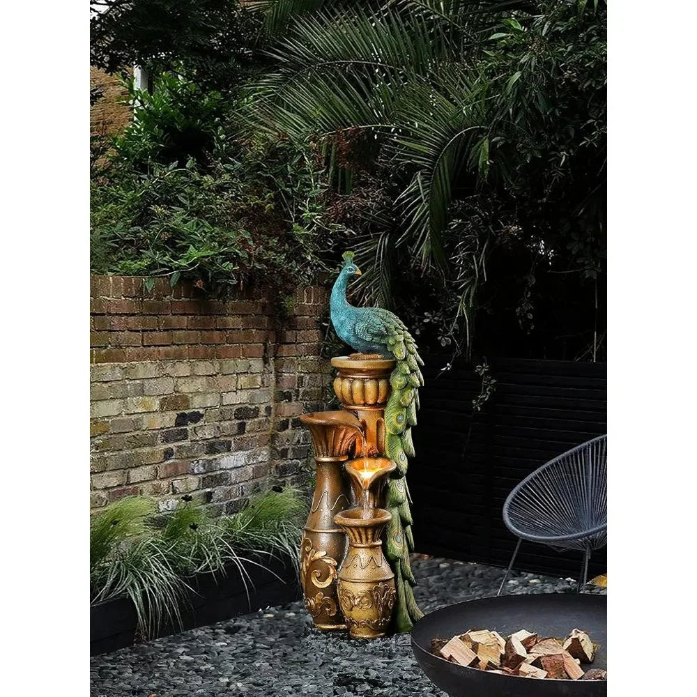 Pedestal Peacock and Urns Garden Water Fountain