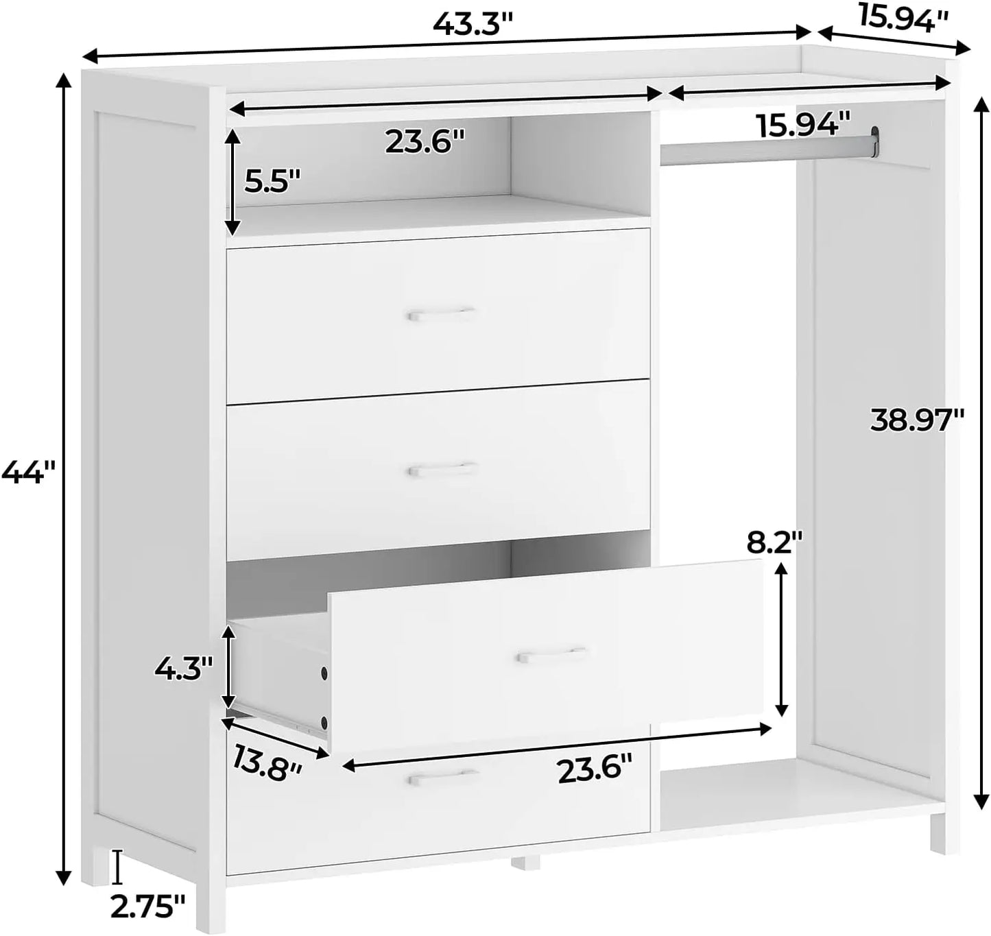 White Dresser for Bedroom with Clothing Rack