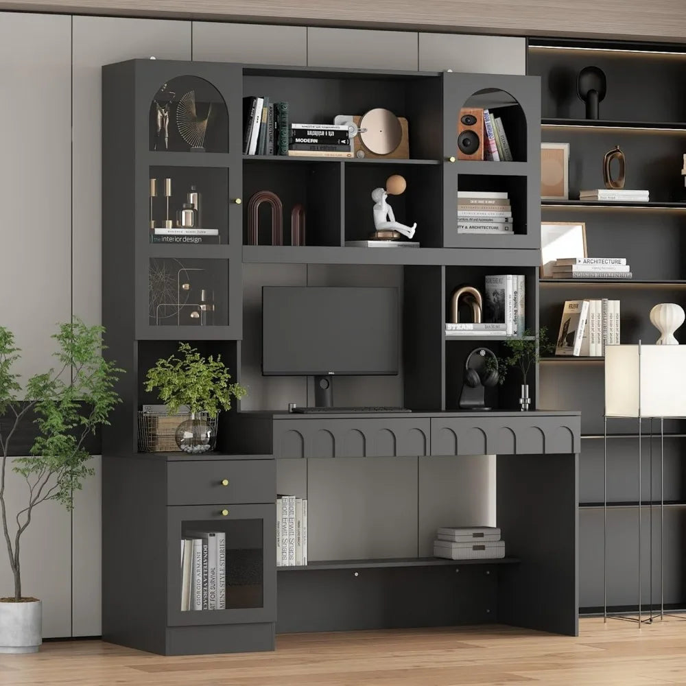 Home Office Desk with Shelves and Glass Doors