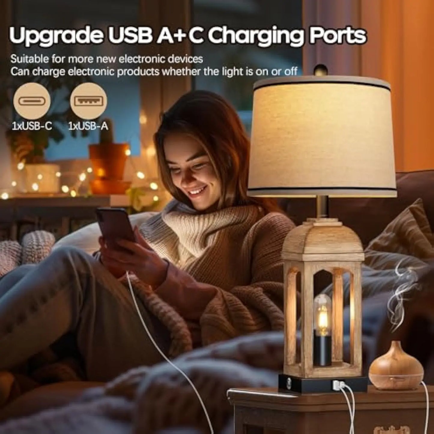 Table Lamp for Living Room Set of 2 with USB A+C and Nightlight