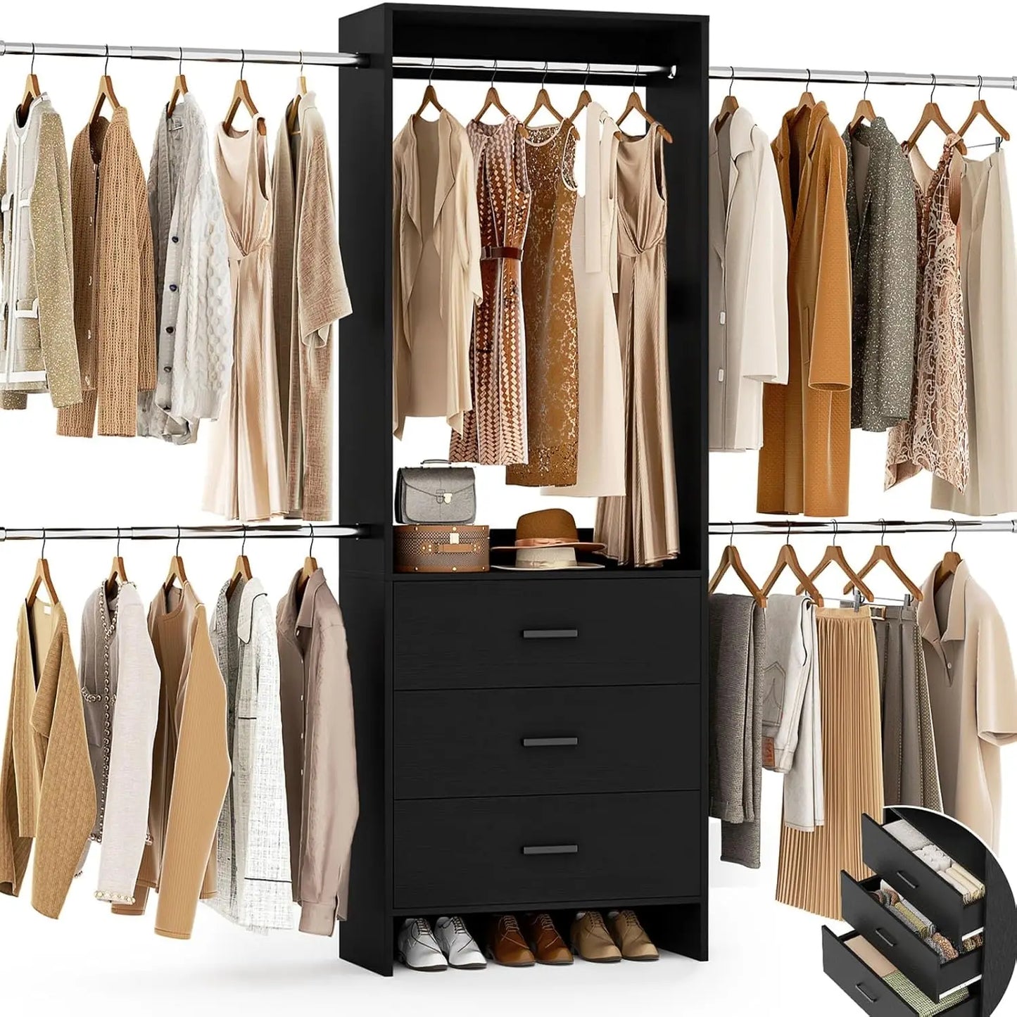 Walk-In Closet Organizer with 3 Wooden Drawers
