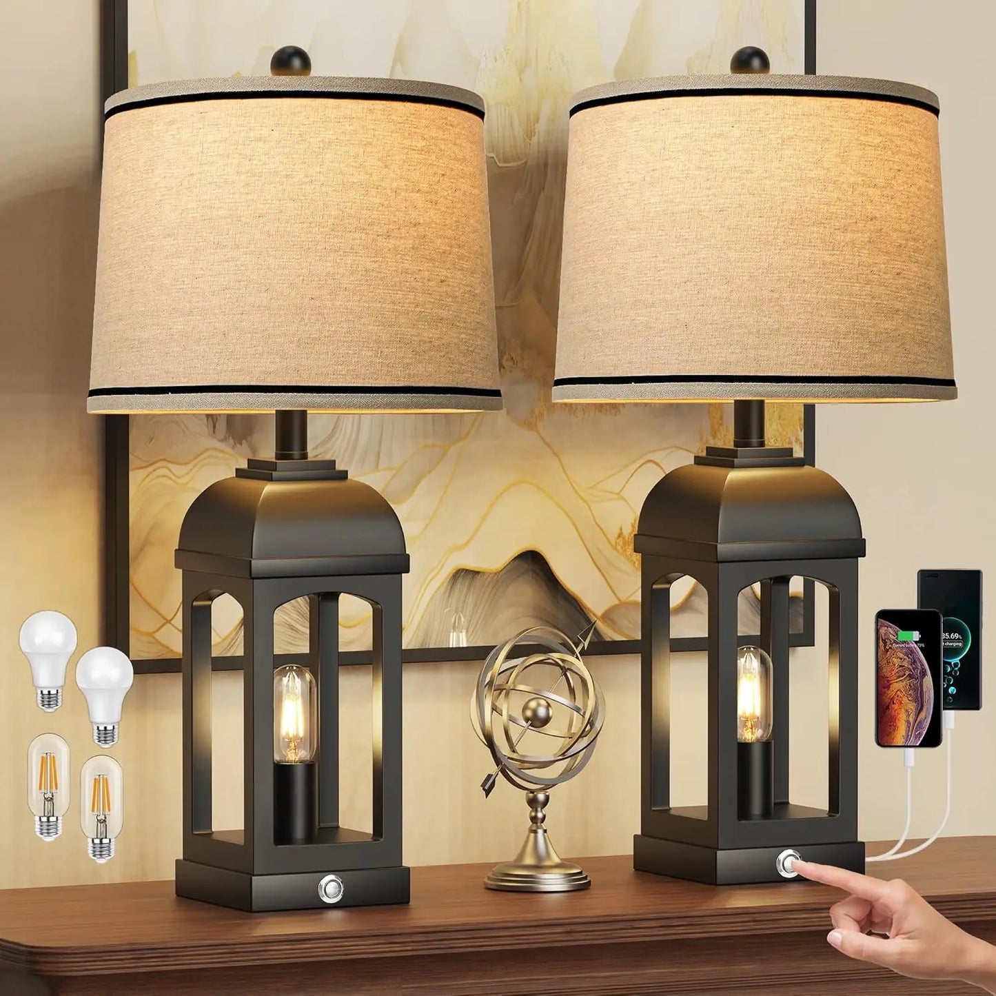 Table Lamp for Living Room Set of 2 with USB A+C and Nightlight