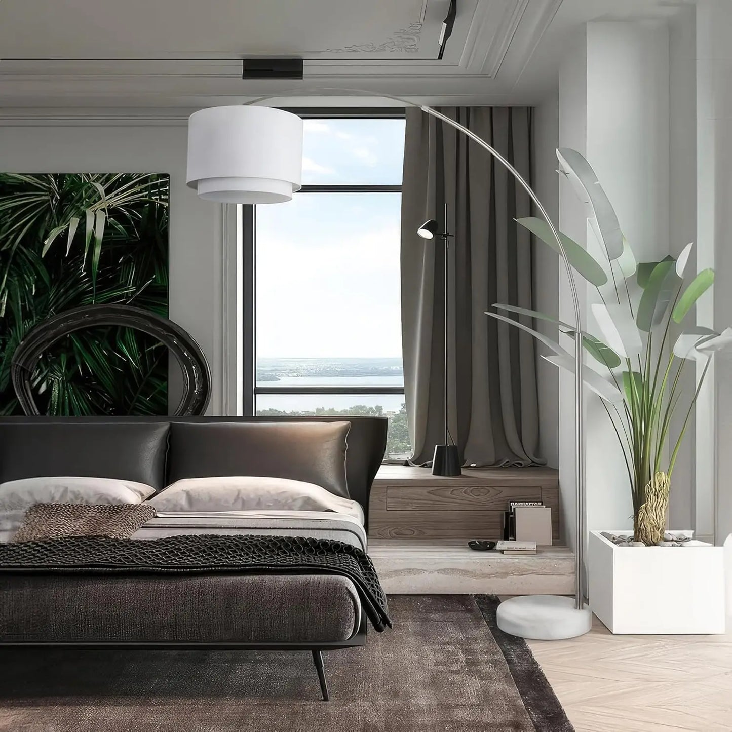 Corner Arching Lamp with White Double Shade