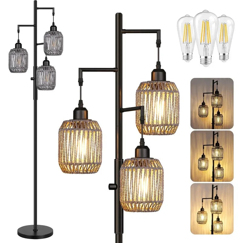 3 Light Farmhouse Rattan Floor Lamp