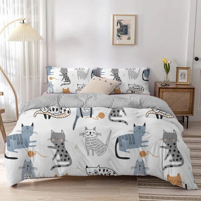 Cartoon Cat Duvet Cover Set With Pillowcase