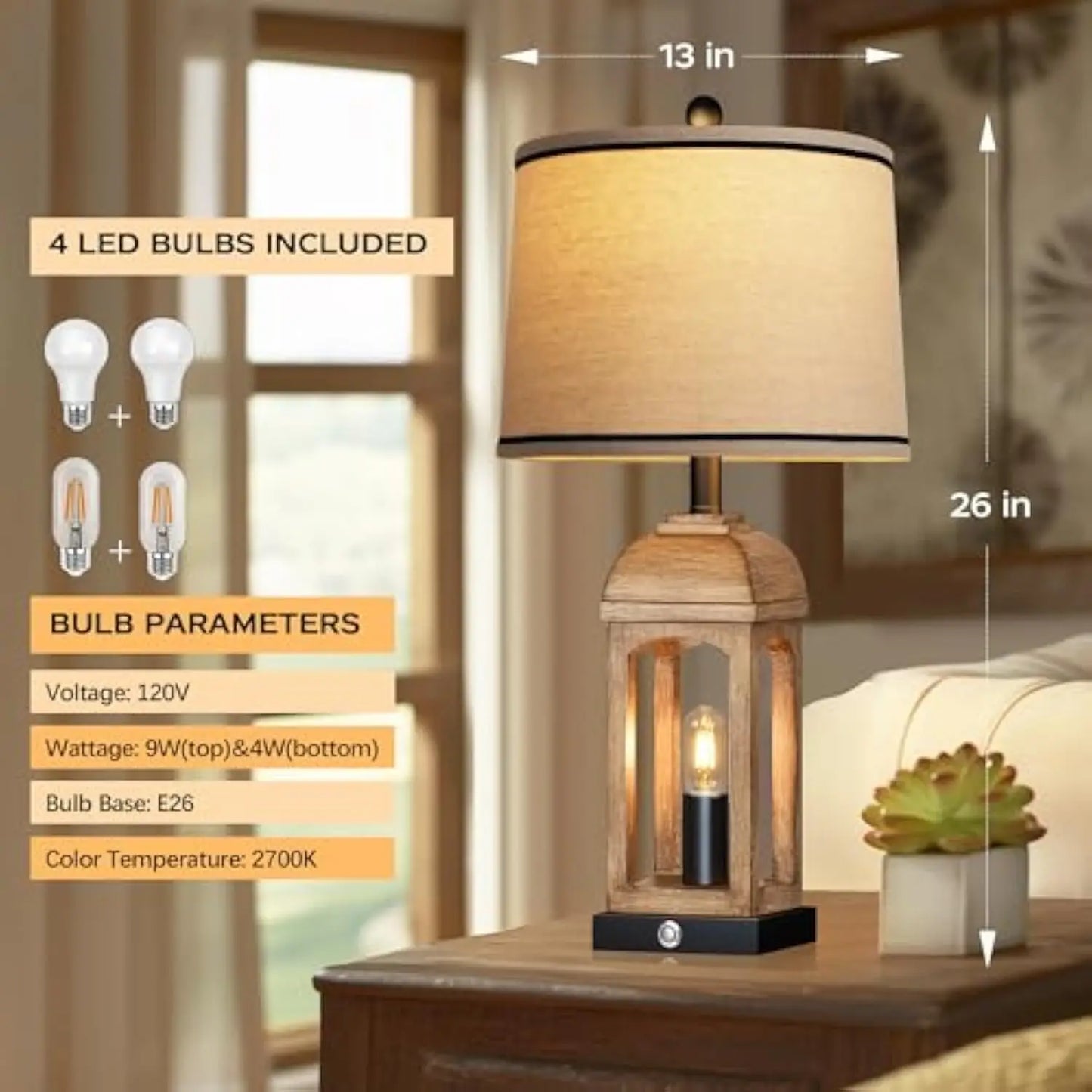 Table Lamp for Living Room Set of 2 with USB A+C and Nightlight