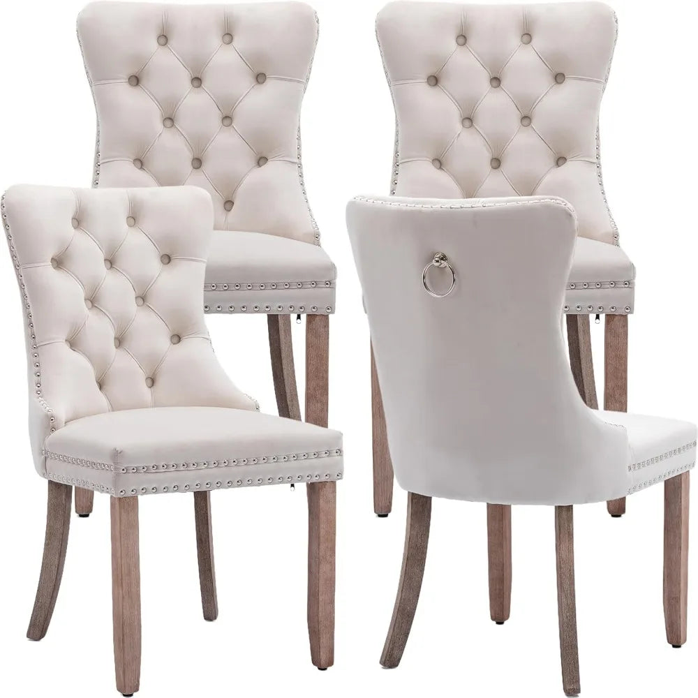Beige Velvet Upholstered Dining Chairs