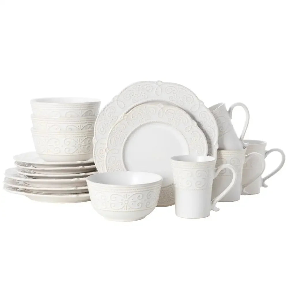16-Piece White Stoneware Dinnerware Set Scalloped Edge