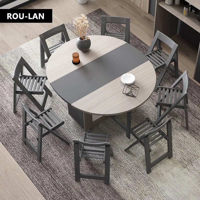 Multifunctional Round Dining Table with Folding Chairs