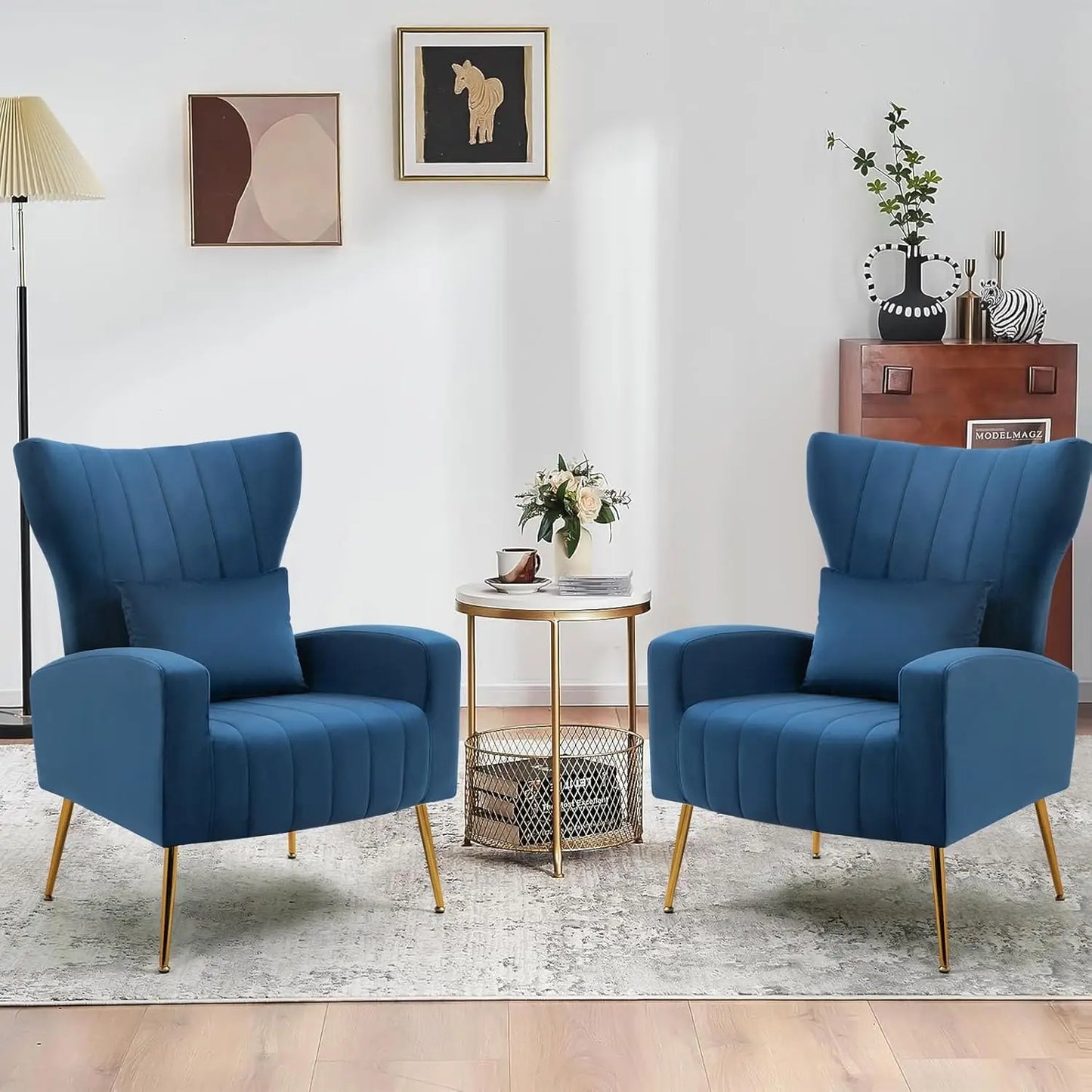 Set of 2 Modern Velvet Accent Chairs with Lumbar Pillow