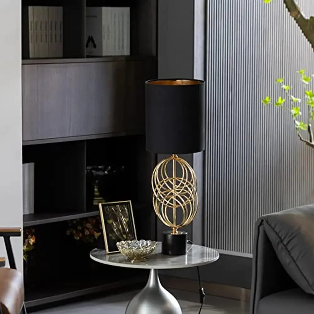 26" Metal Table Lamp with Gold Stand and Black Lampshade