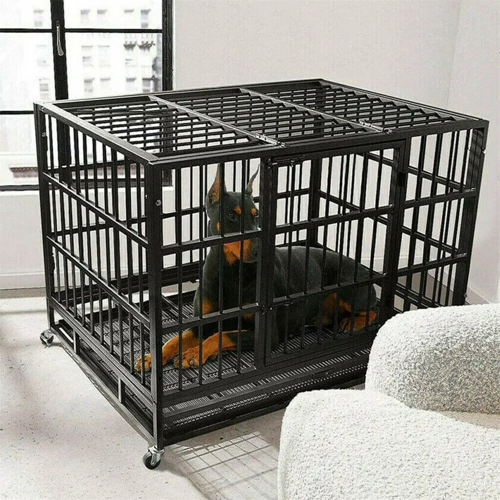 Heavy Duty Dog Crate with 4 Lockable Wheels 3 Doors and Removable Tray