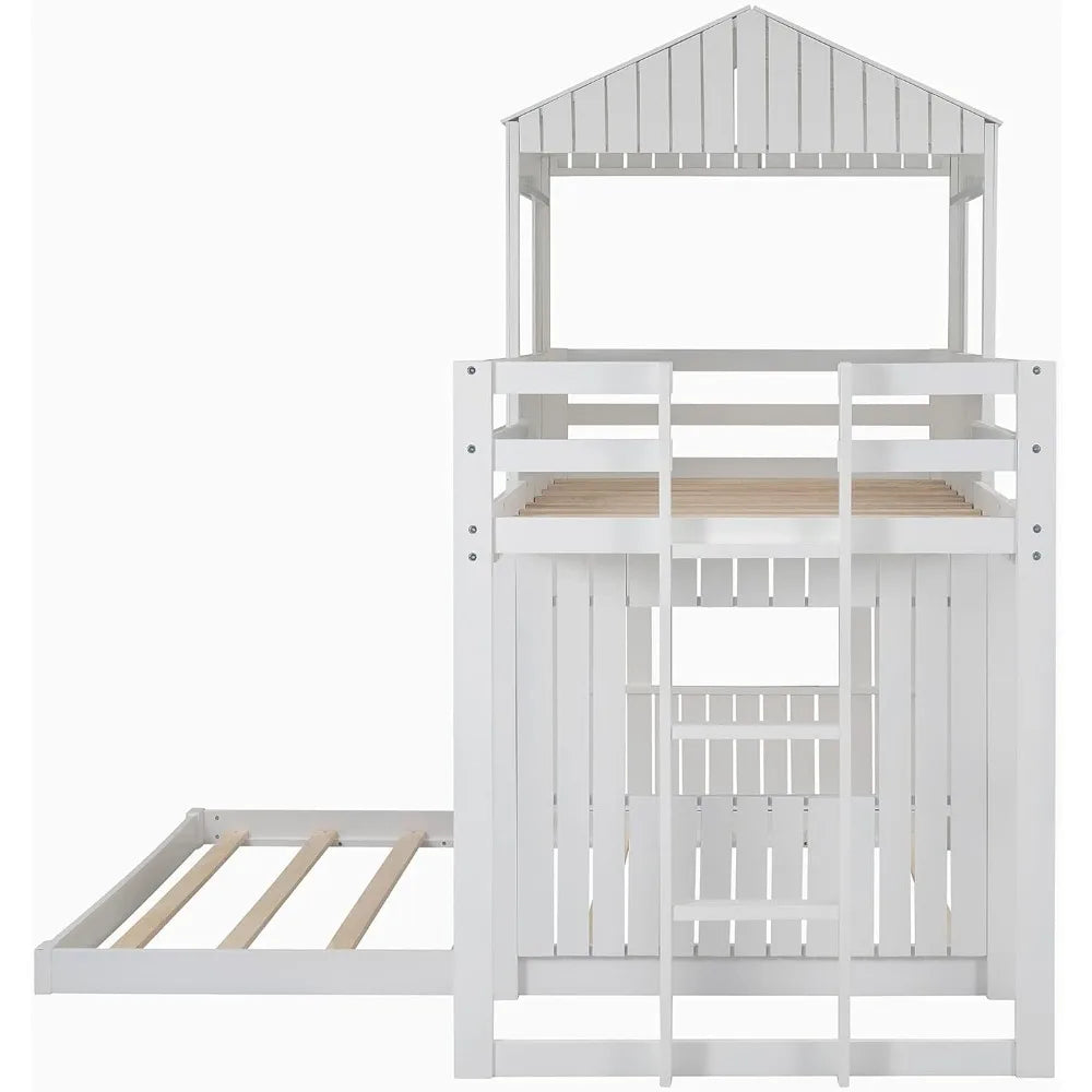 House Bunk Bed with Roof and Guardrails