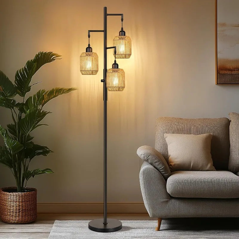 3 Light Farmhouse Rattan Floor Lamp