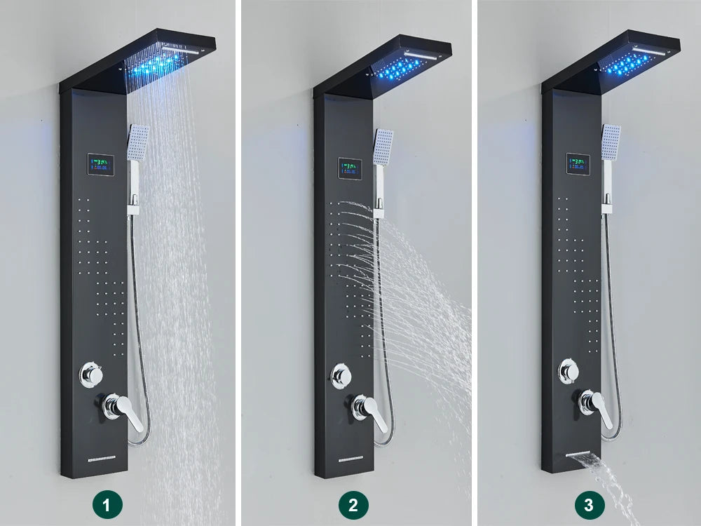 Black LED Light Shower Panel Waterfall Rain Shower