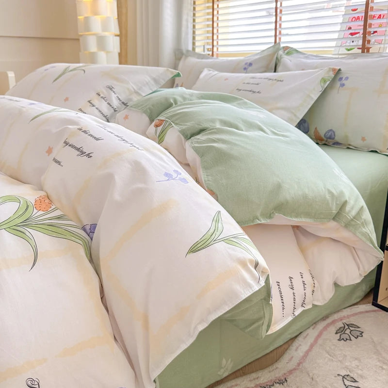 Floral Duvet Cover with Zipper and 2 Pillowcases