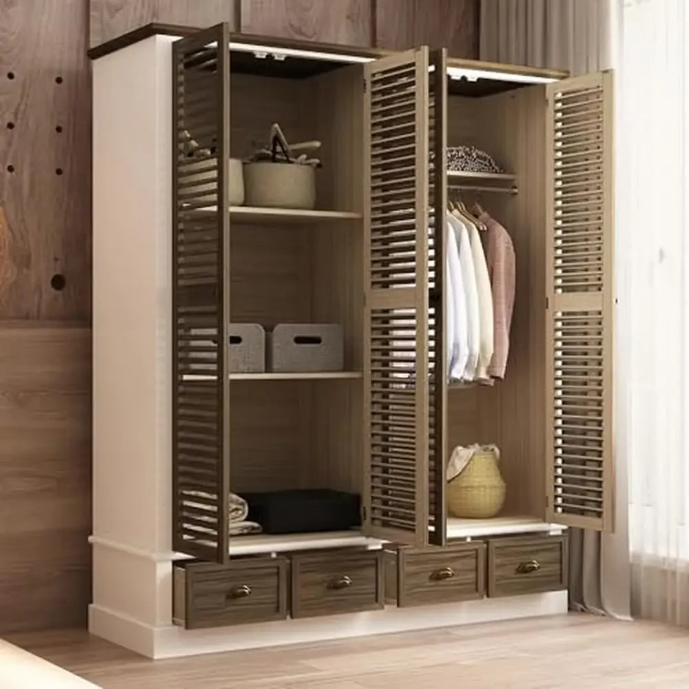 Wardrobe Closet Louver Doors Hanging Rod Shelves Drawers