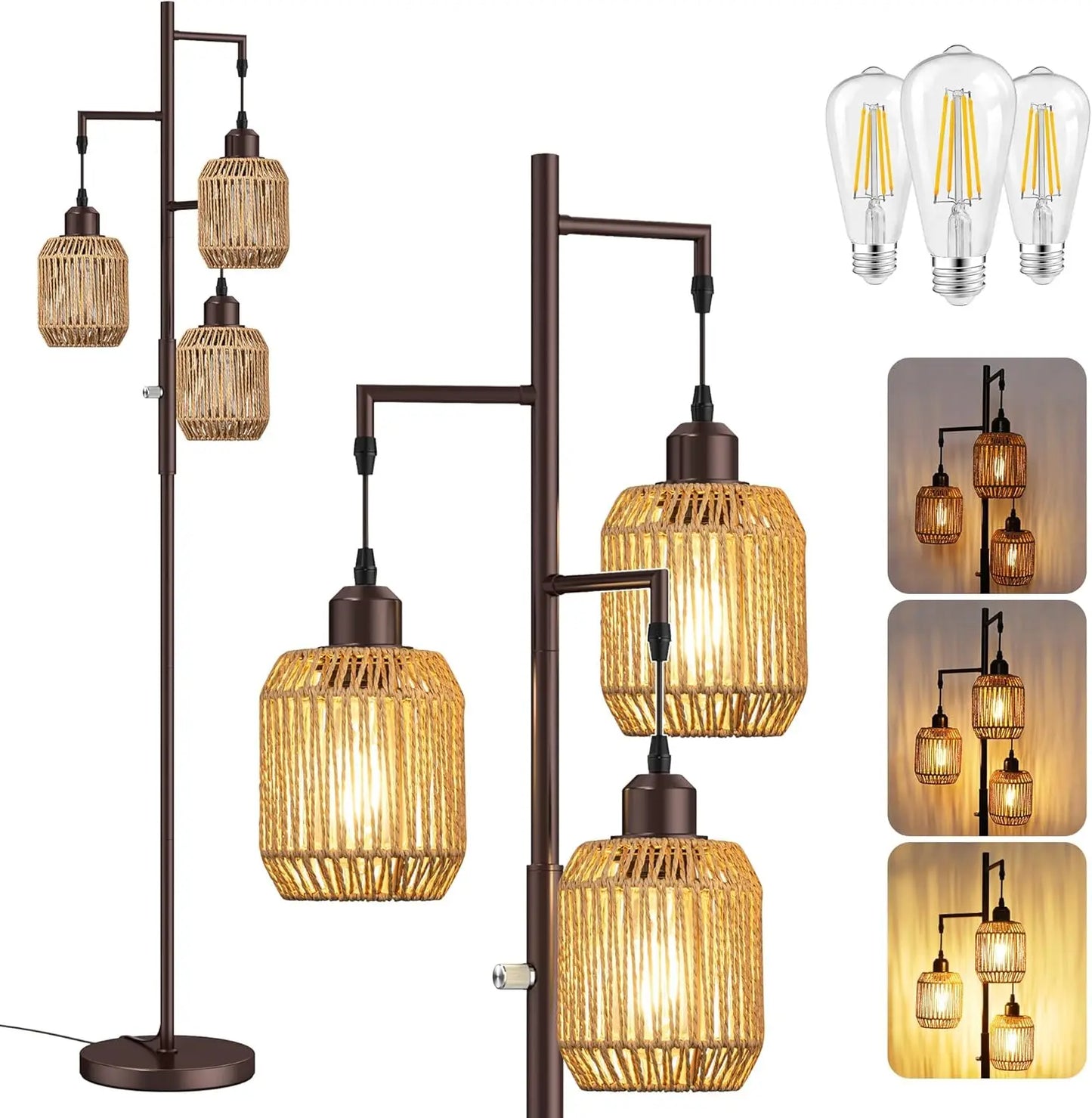 3 Light Farmhouse Rattan Floor Lamp