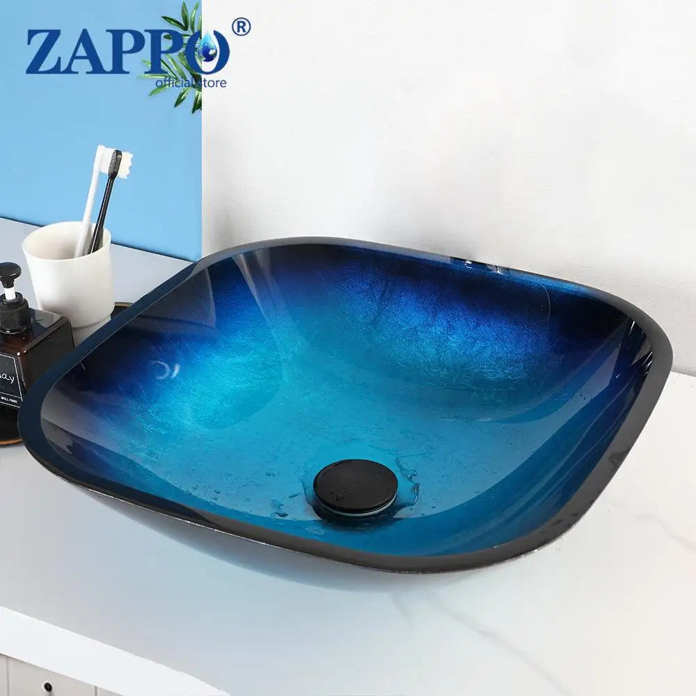 Tempered Vessel Sink with Waterfall Black Faucet