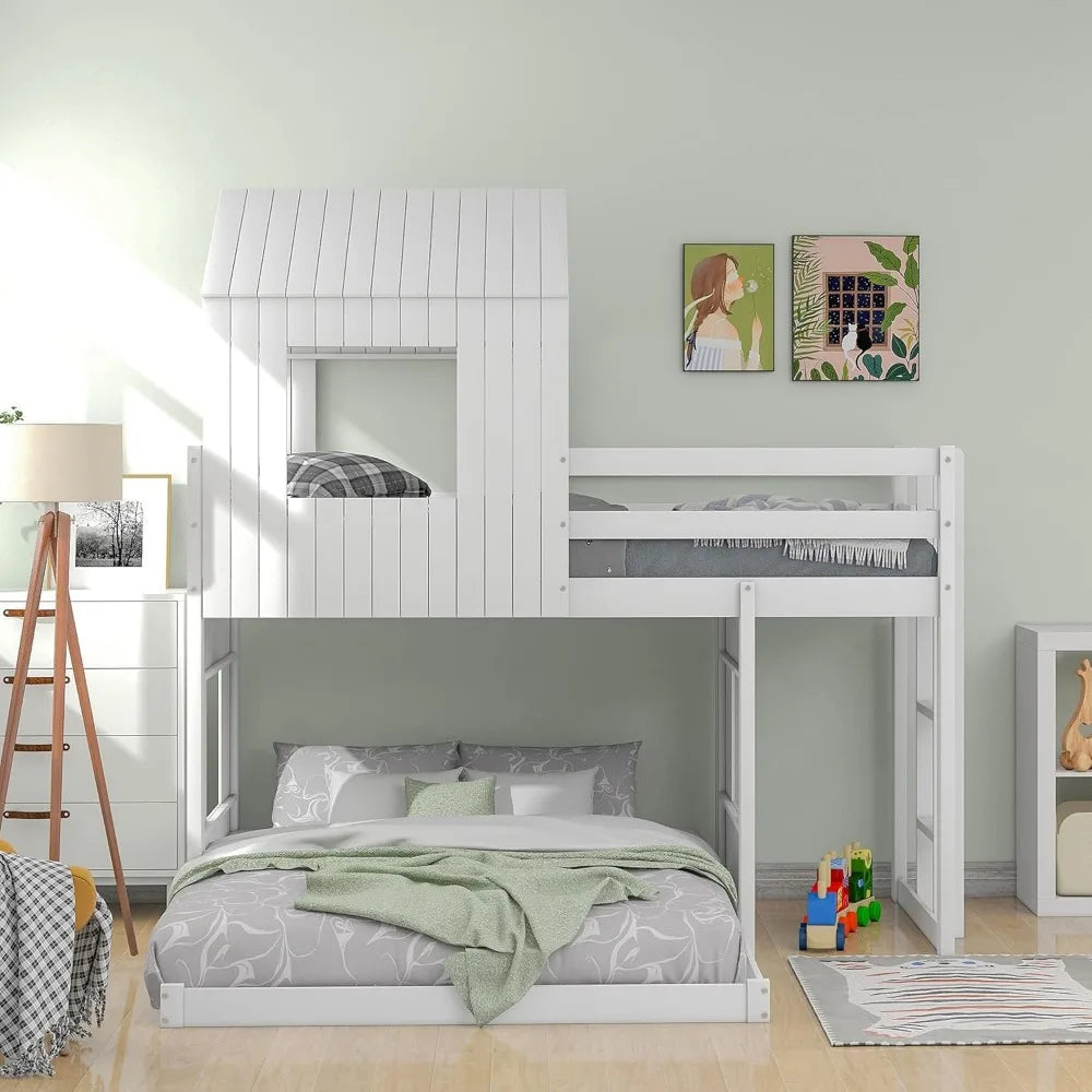 House Bunk Bed with Roof and Guardrails