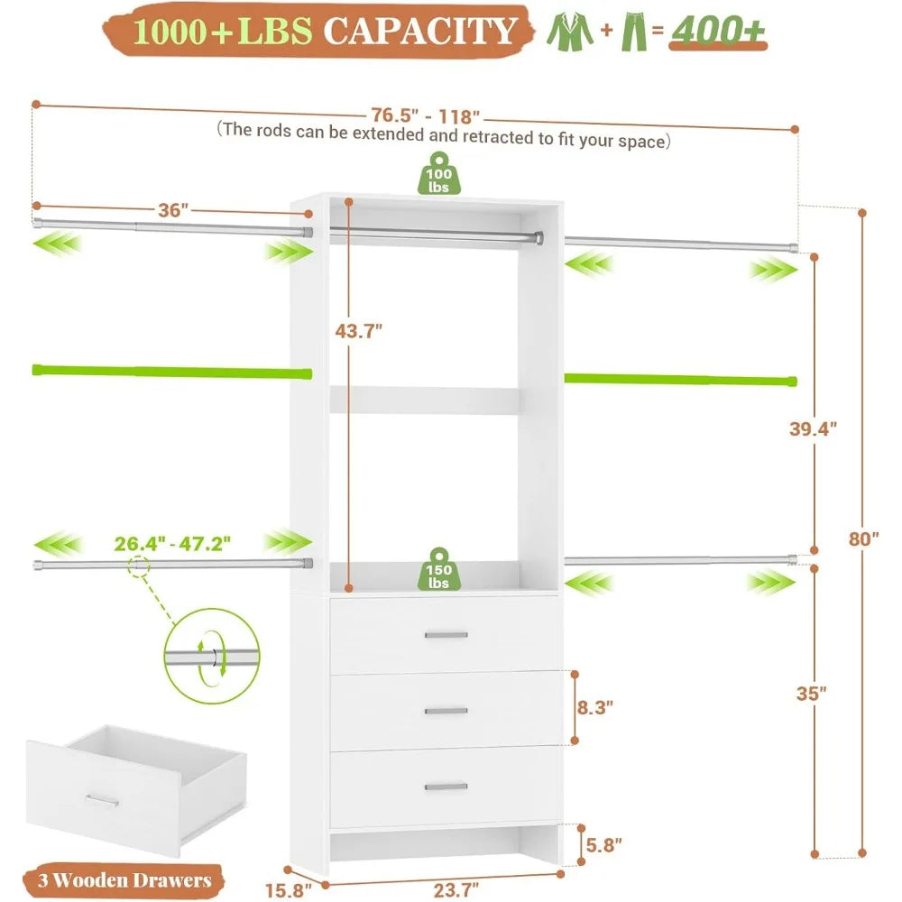 Walk-In Closet Organizer with 3 Wooden Drawers