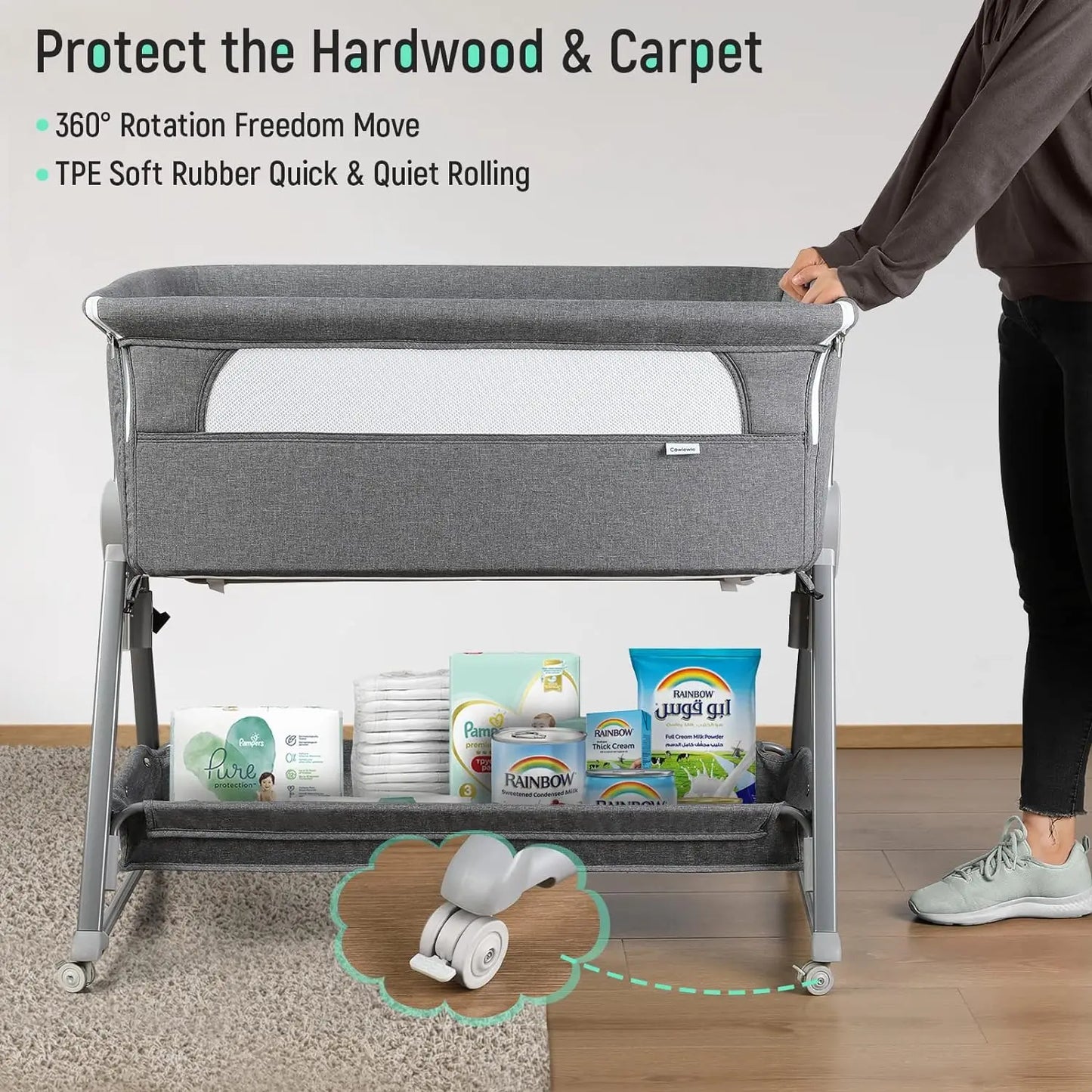 Beside Sleeper for Baby with Storage Basket and Wheels