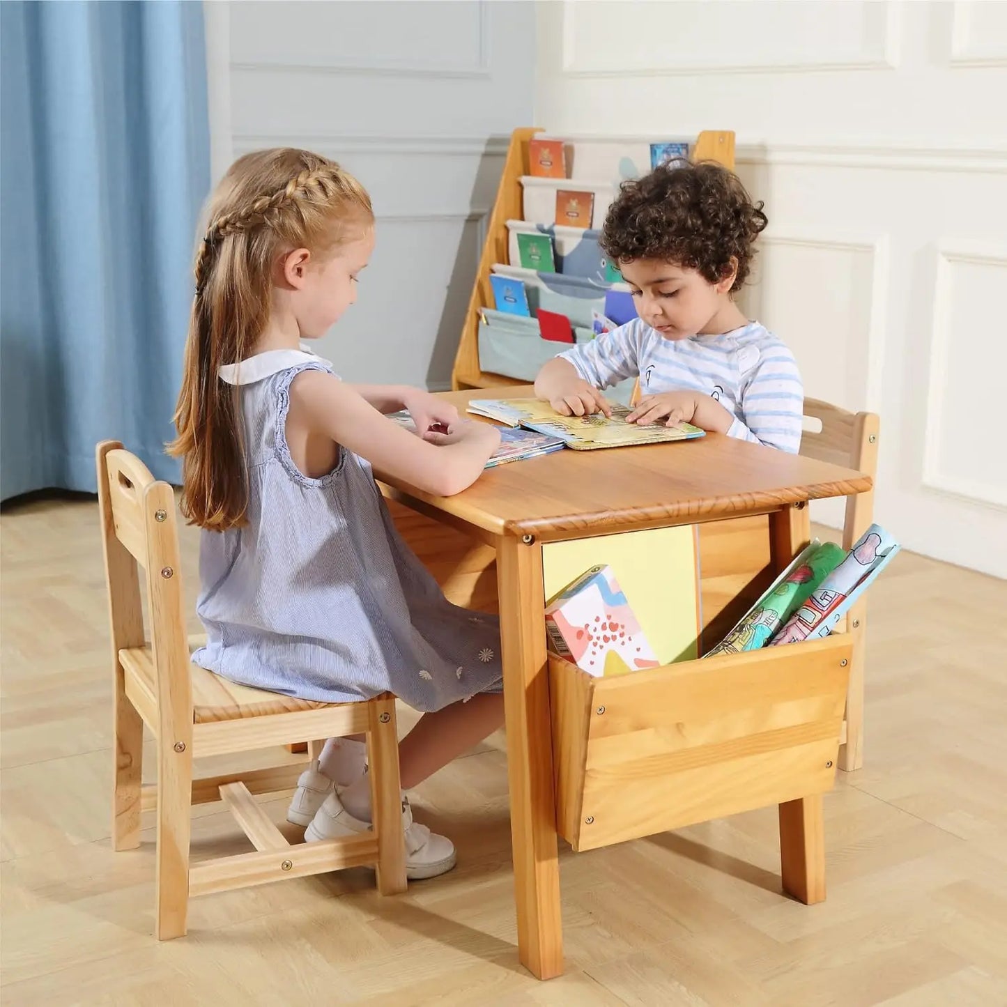 Wood Table and 2 Chair Set with Storage Desk
