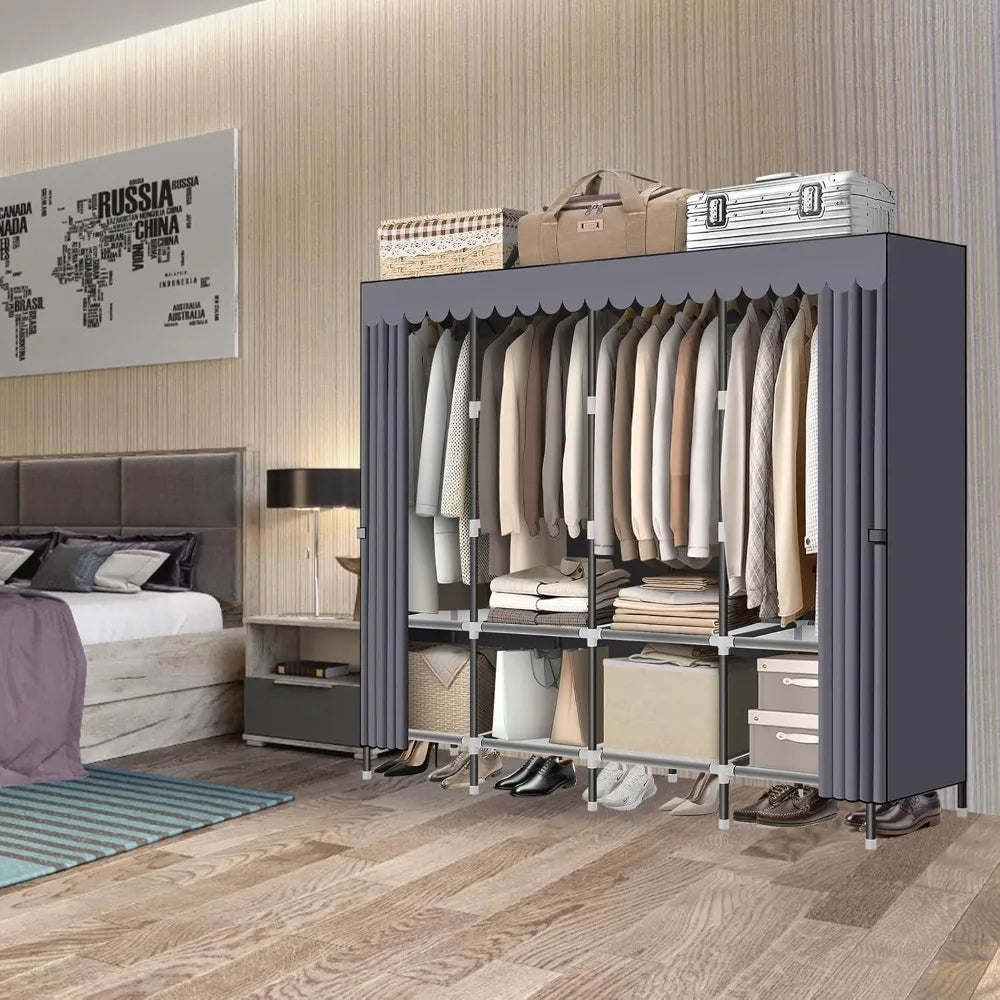 Grey Portable Closet with Zippers, 65.4Inches