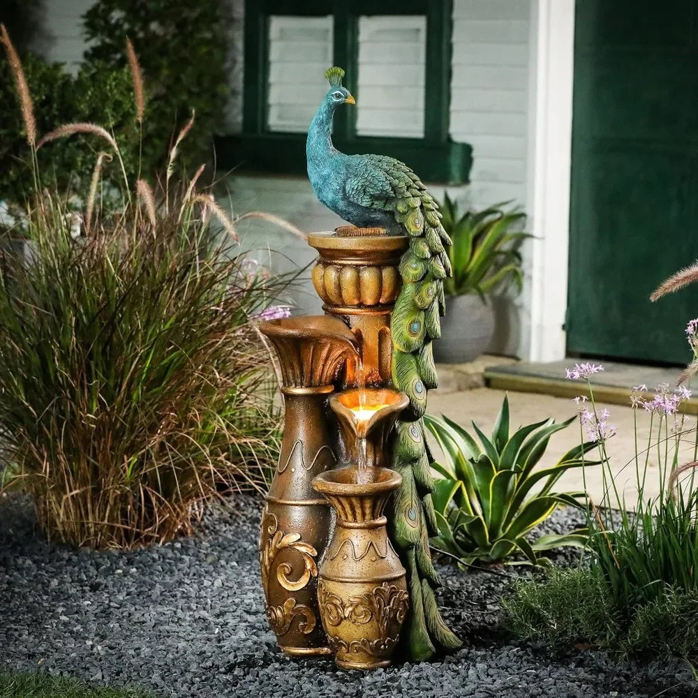 Pedestal Peacock and Urns Garden Water Fountain
