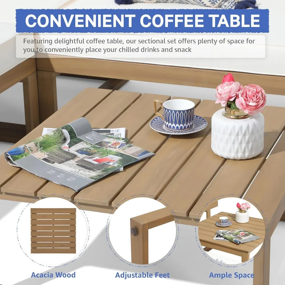 Acacia Wood L-Shaped Sectional Sofa Set