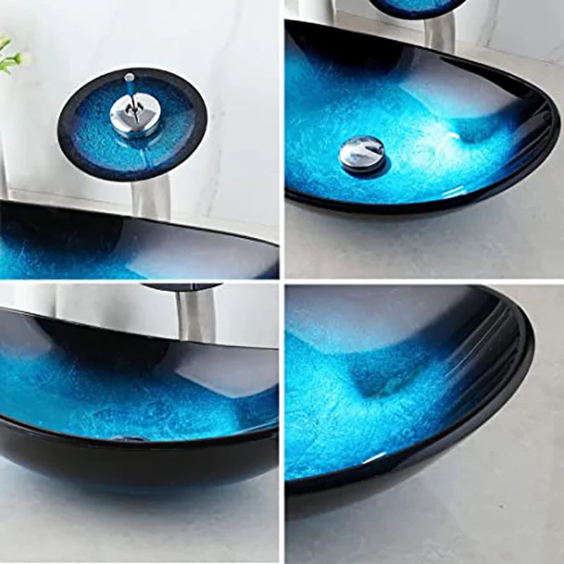 Tempered Vessel Sink with Waterfall Black Faucet