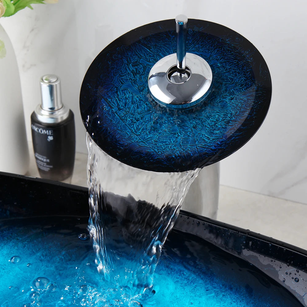 Tempered Vessel Sink with Waterfall Black Faucet